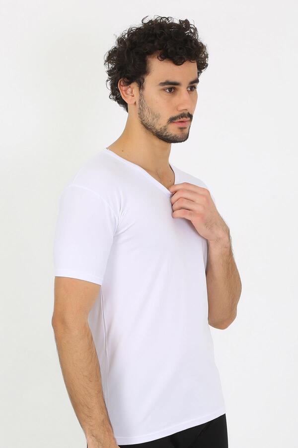 Erkek Likralı V Yaka Beyaz T-Shirt 65700 - 6