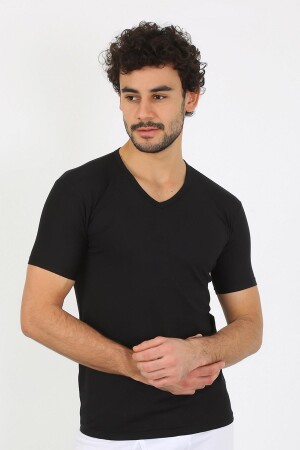 Erkek Likralı V Yaka Siyah T-Shirt 65700 - 1