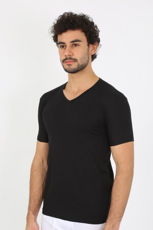 Erkek Likralı V Yaka Siyah T-Shirt 65700 - 3