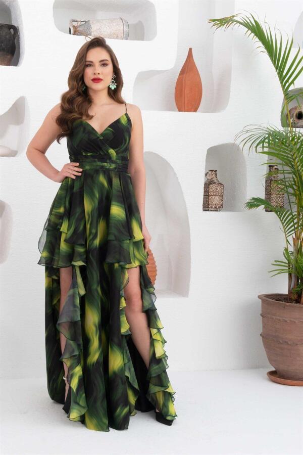 Eva Fashion Green Printed Long Evening Dress with Low-cut Legs - 1