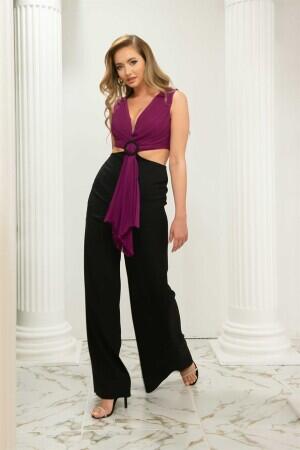 Fuchsia Black Midriff Low-cut Buckle Jumpsuit - 1