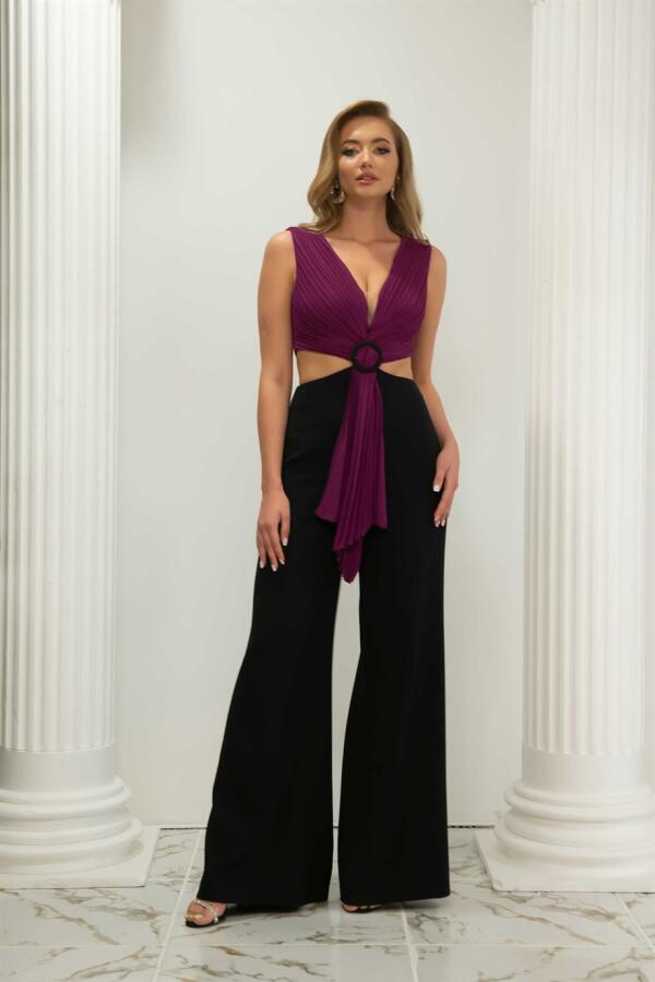 Fuchsia Black Midriff Low-cut Buckle Jumpsuit - 3