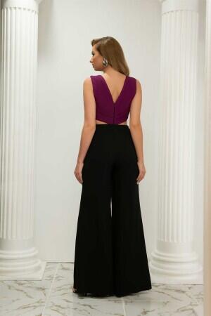 Fuchsia Black Midriff Low-cut Buckle Jumpsuit - 5