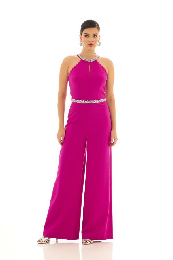 Fuchsia Collar and Stone Waist Jumpsuit - 1