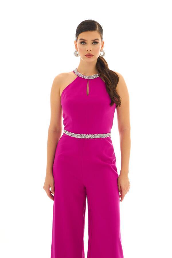 Fuchsia Collar and Stone Waist Jumpsuit - 2