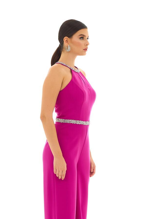 Fuchsia Collar and Stone Waist Jumpsuit - 4