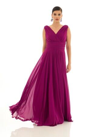 Fuchsia Chiffon V-Neck Long Evening Dress - 1