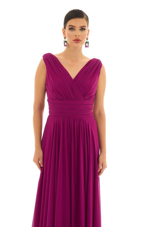 Fuchsia Chiffon V-Neck Long Evening Dress - 2