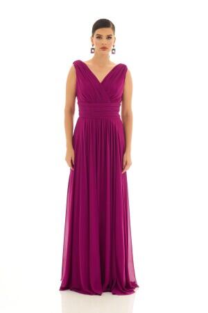 Fuchsia Chiffon V-Neck Long Evening Dress - 3