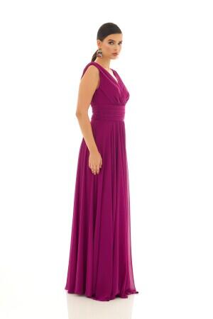 Fuchsia Chiffon V-Neck Long Evening Dress - 4