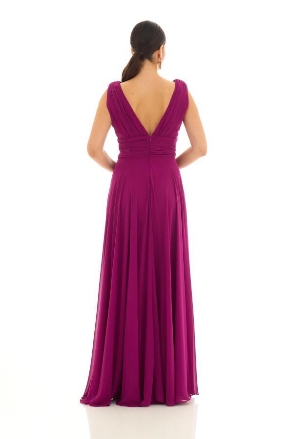 Fuchsia Chiffon V-Neck Long Evening Dress - 5