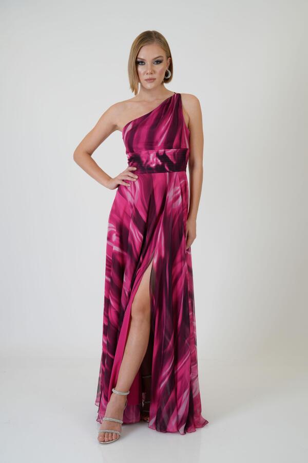 Fuchsia Single Sleeve Slit Printed Evening Dress - 2