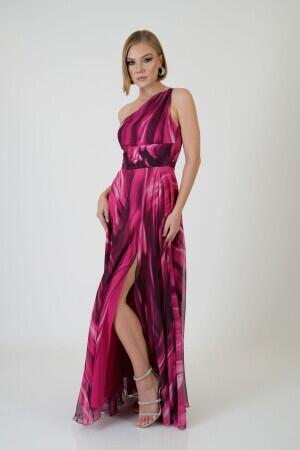 Fuchsia Single Sleeve Slit Printed Evening Dress - 4