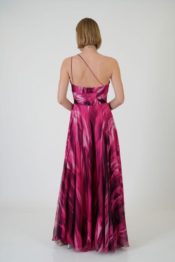 Fuchsia Single Sleeve Slit Printed Evening Dress - 7