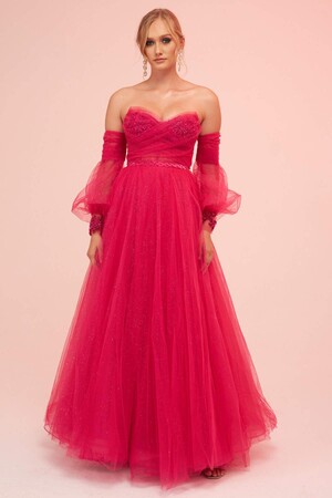 Fuchsia Tulle Low Sleeve Engagement Evening Dress - 1