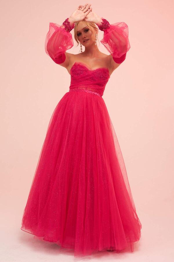 Fuchsia Tulle Low Sleeve Engagement Evening Dress - 3