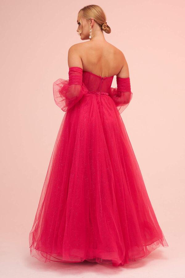 Fuchsia Tulle Low Sleeve Engagement Evening Dress - 5