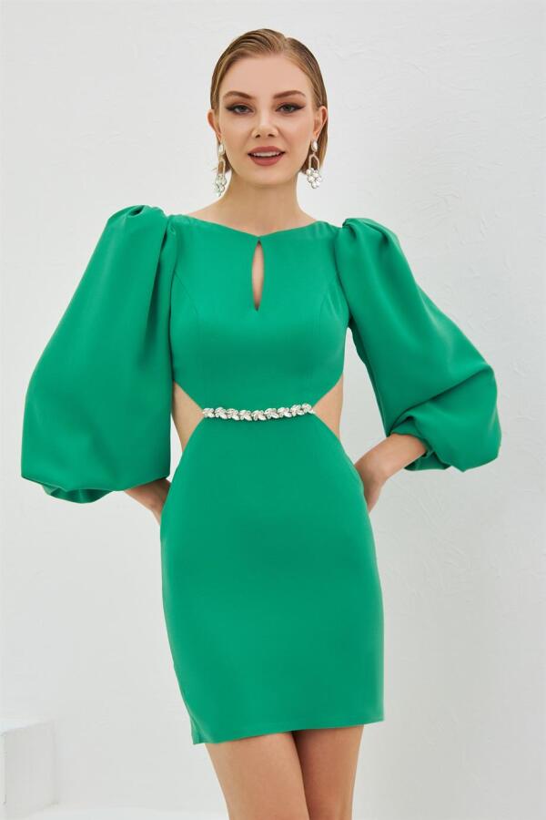 Green Crepe Stone Balloon Sleeve Short Evening Dress - 2