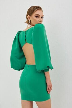 Green Crepe Stone Balloon Sleeve Short Evening Dress - 4