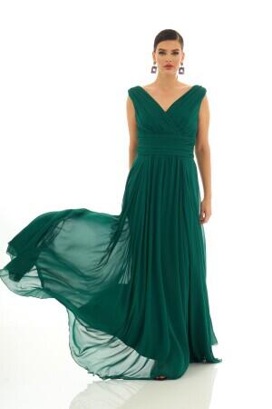 Green Chiffon V-Neck Long Evening Dress - 1