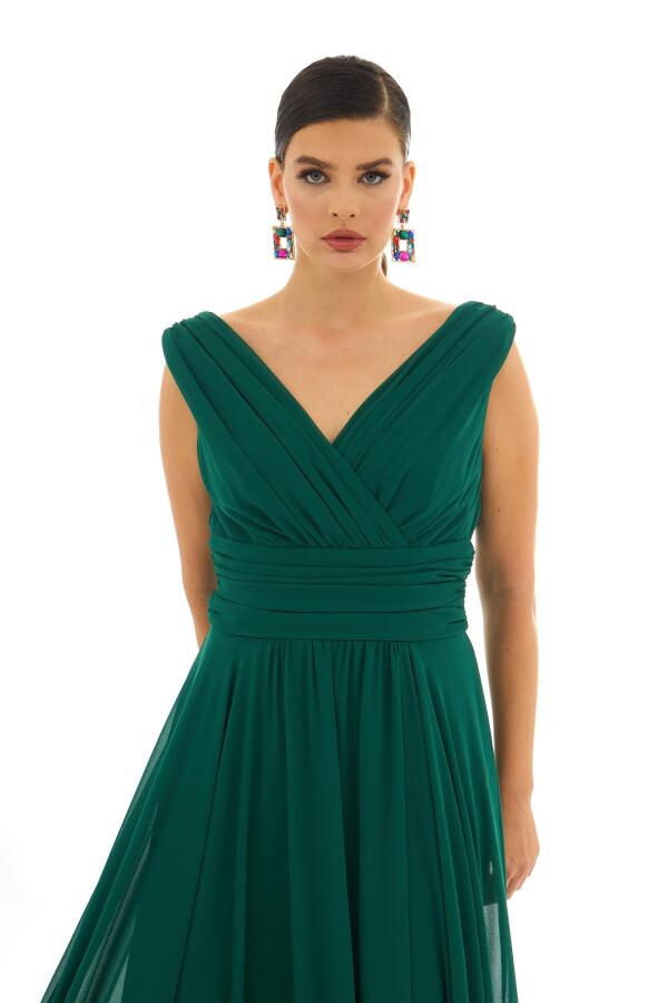 Green Chiffon V-Neck Long Evening Dress - 2