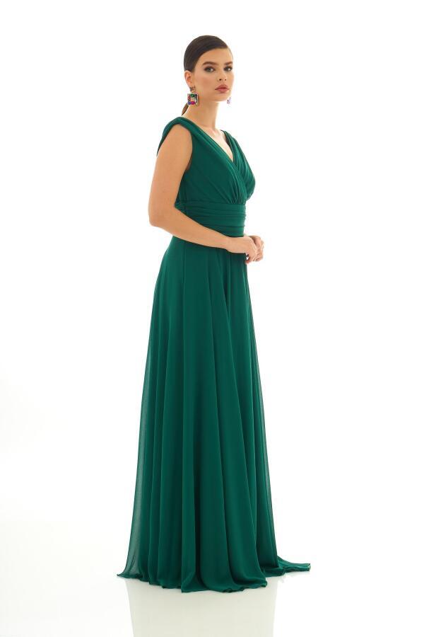 Green Chiffon V-Neck Long Evening Dress - 3