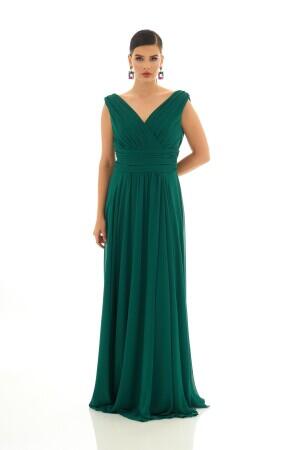 Green Chiffon V-Neck Long Evening Dress - 4