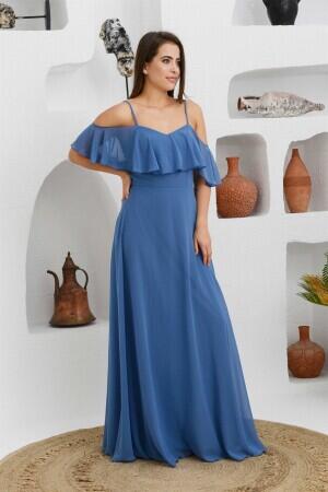 Indigo Low Sleeve Strappy Long Evening Dress - 3