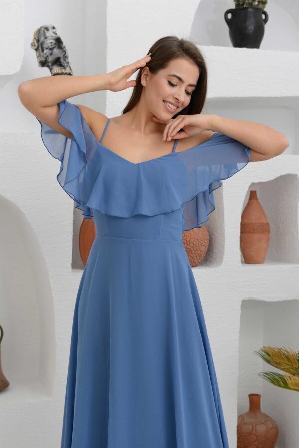 Indigo Low Sleeve Strappy Long Evening Dress - 4