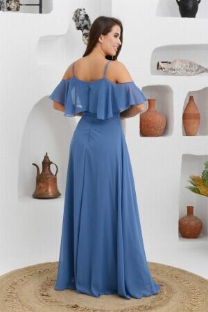 Indigo Low Sleeve Strappy Long Evening Dress - 5