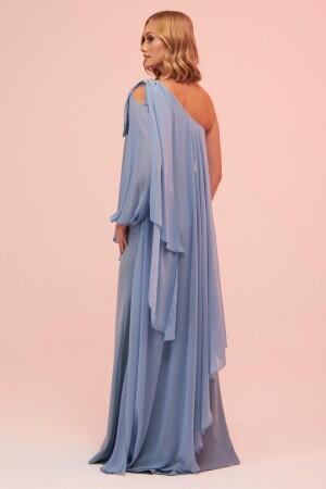 Indigo Single Sleeve Slit Plus Size Chiffon Evening Dress - 5