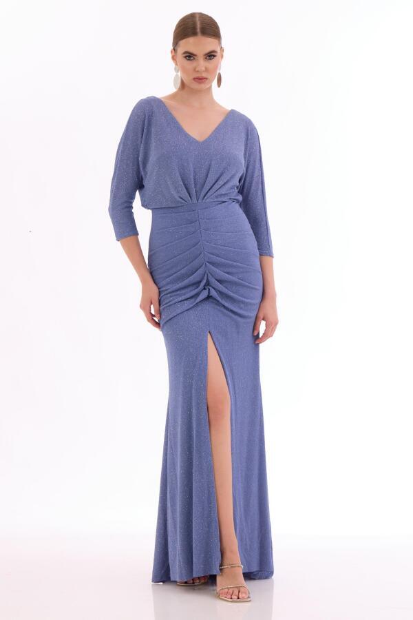 Indigo Silvery Slit Long Evening Dress - 1