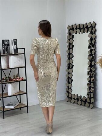 Kadife Payet Ceket Elbise - GOLD - 5