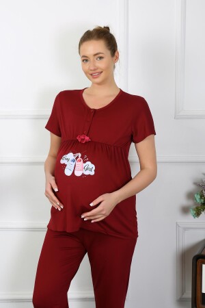 Kadın Kısa Kol Hamile Lohusa Pijama Takımı Bordo 45210 - 2