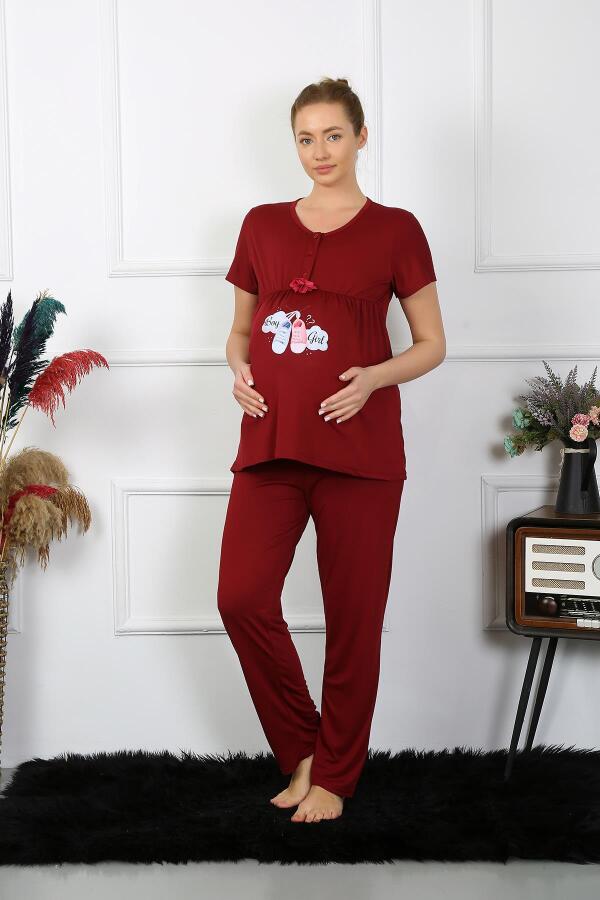 Kadın Kısa Kol Hamile Lohusa Pijama Takımı Bordo 45210 - 3