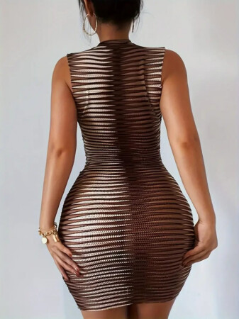 Kadın Kolsuz Desenli Mini Bodycon Dalgıç Elbise - 6