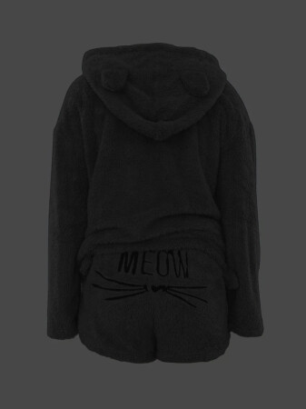 Kadın Uzun Kollu Meow Kedi Nakışlı Kapşonlu Peluş Sweat Ve Short Ikili Takım - 3