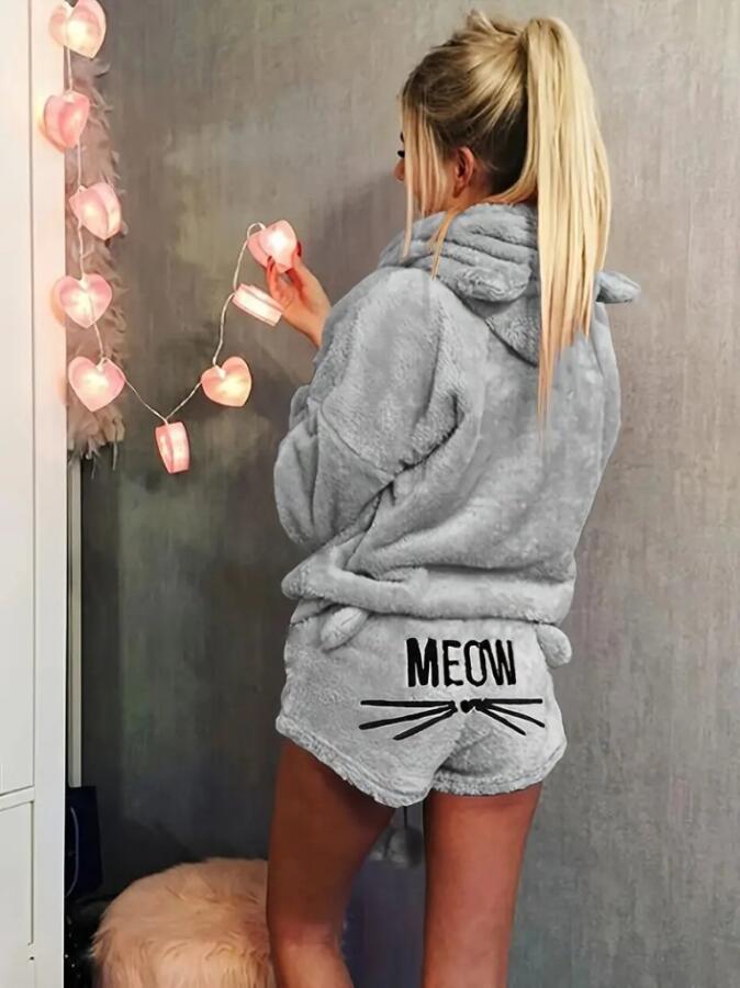 Kadın Uzun Kollu Meow Kedi Nakışlı Kapşonlu Peluş Sweat Ve Short Ikili Takım - 1