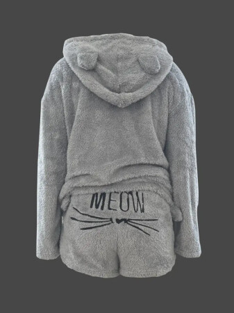 Kadın Uzun Kollu Meow Kedi Nakışlı Kapşonlu Peluş Sweat Ve Short Ikili Takım - 3