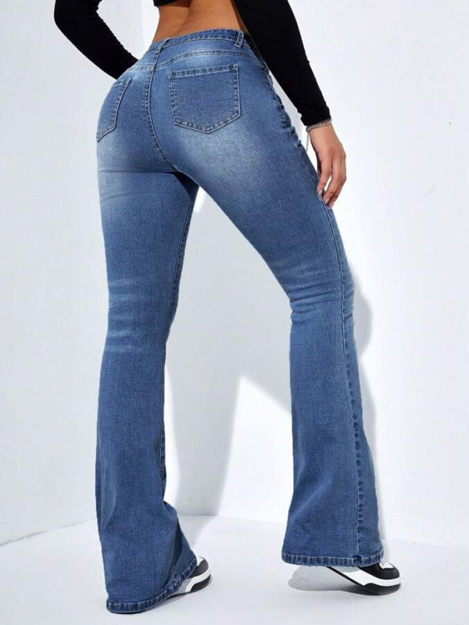 Kadın Yüksek Bel Cepli İspanyol Paçalı Kot Jeans Pantolon - 5