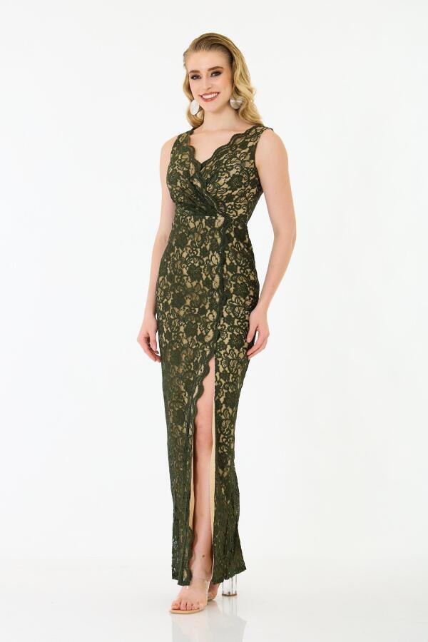 Khaki Lace Wrap Long Evening Dress - 1