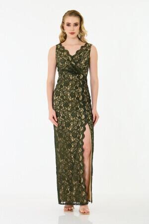 Khaki Lace Wrap Long Evening Dress - 2