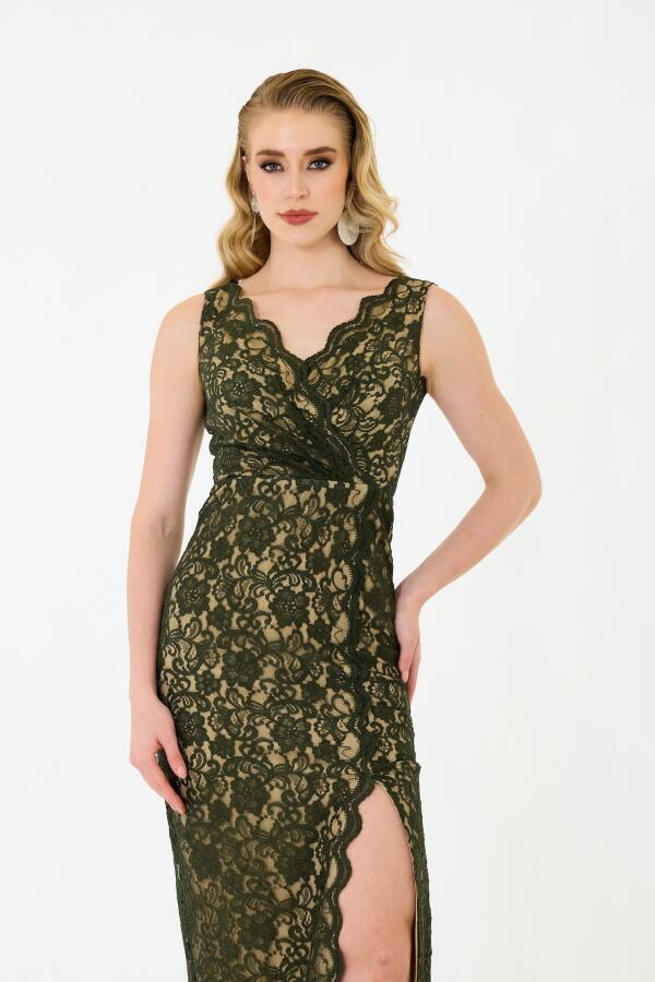 Khaki Lace Wrap Long Evening Dress - 3