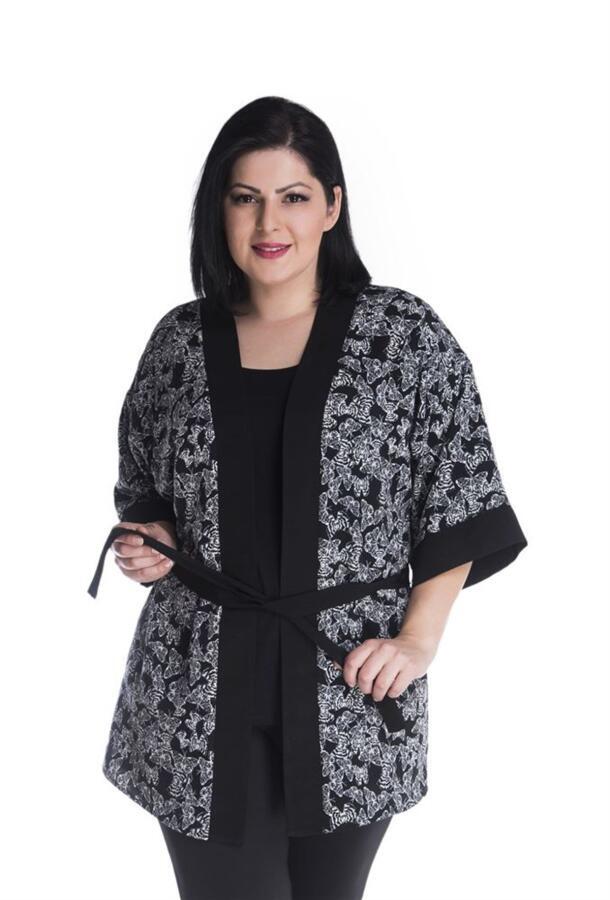 Kuşak Detaylı Desenli Kimono - 1