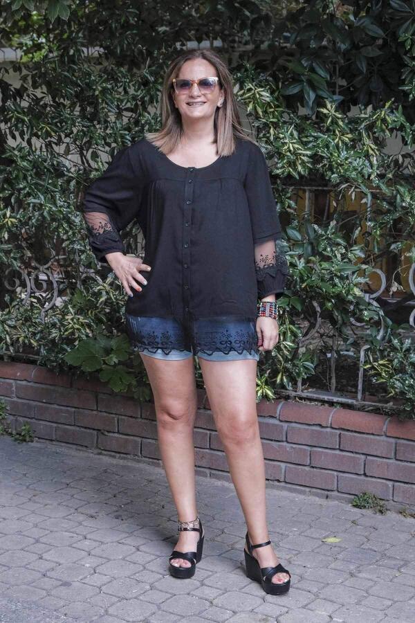 Lace Detailed Plus Size Shirt Blouse Black - 1