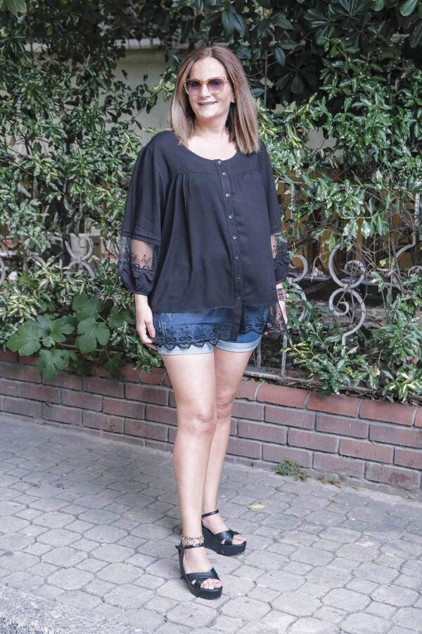 Lace Detailed Plus Size Shirt Blouse Black - 2