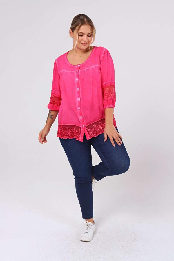 Lace Detail Plus Size Shirt Blouse Fuchsia-Pink - 1