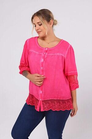 Lace Detail Plus Size Shirt Blouse Fuchsia-Pink - 2