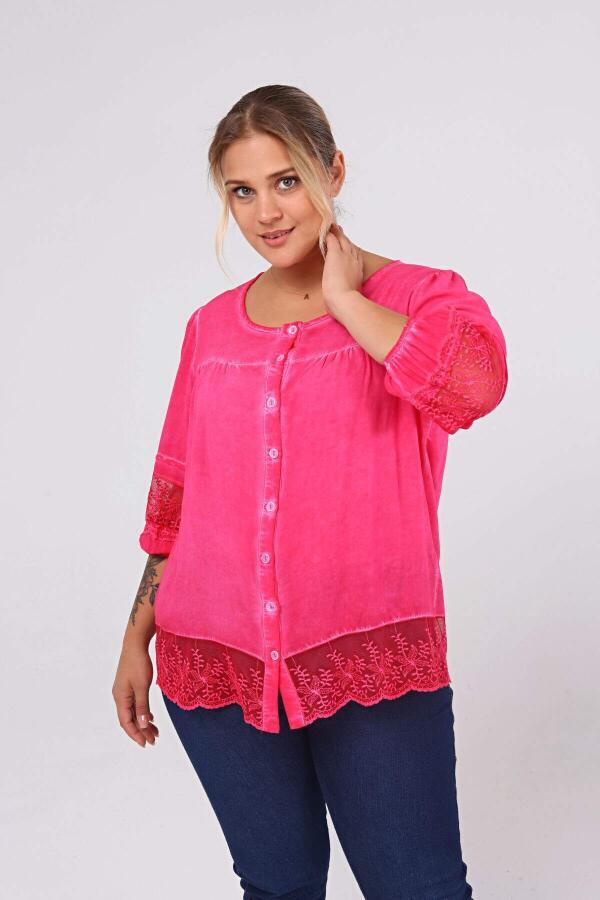 Lace Detail Plus Size Shirt Blouse Fuchsia-Pink - 3