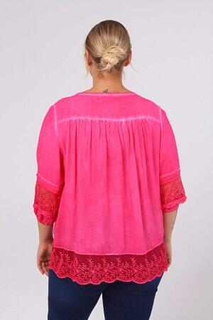 Lace Detail Plus Size Shirt Blouse Fuchsia-Pink - 4